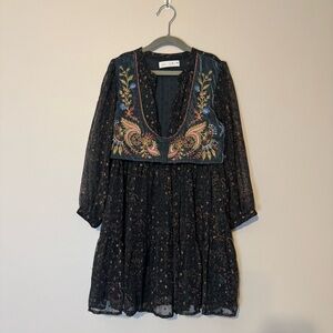 Zara Girls Embroidered Boho Dress – Size 8 (128 cm) – Black Floral Sheer Overlay